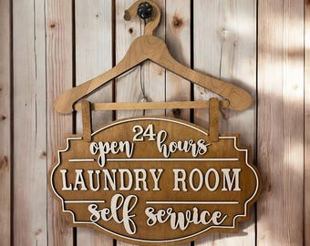 Vintage-Style Wood Hanger Laundry Room Sign: Rustic Decor