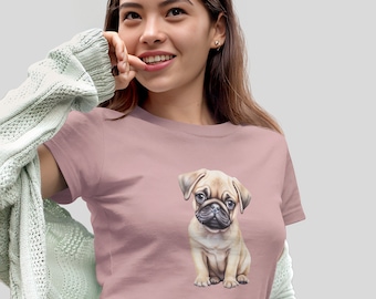 Cute Watercolor Pug Puppy Women's T-Shirt | Adorable Dog Lover's Tee | Giftful for Girlfriend