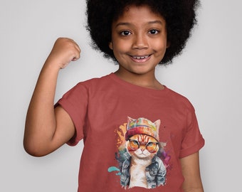 Watercolor Cute Cat Superstar Kids T-Shirt | Playful and Whimsical Design | Artistic and Fun Children's Tee | Giftful Shirt for Animal Lover