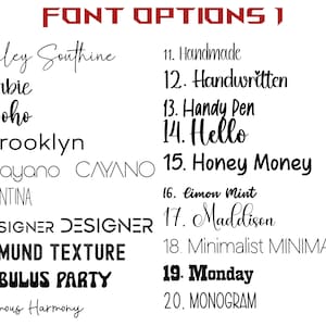 List of 20 font styles showcasing varied typefaces. Includes Ashley Southline in elegant script, Brooklyn in bold print, Handwritten in cursive, and MINIMALIST in sleek uppercase. A diverse collection ranging from decorative to minimalist.