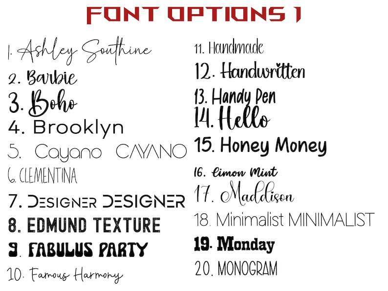 List of 20 font styles showcasing varied typefaces. Includes Ashley Southline in elegant script, Brooklyn in bold print, Handwritten in cursive, and MINIMALIST in sleek uppercase. A diverse collection ranging from decorative to minimalist.