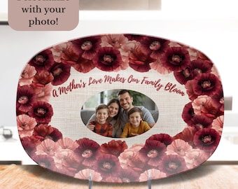 Bandeja personalizada para fotos, plato familiar personalizado, bandeja floral de recuerdo para servir, regalo para mamá de parte de los hijos, reliquia irrompible para mamá.