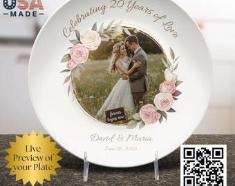 Bandeja personalizada para regalo de 20.º aniversario de bodas con nombres y foto: bandeja de cerámica personalizada para servir como recuerdo familiar.