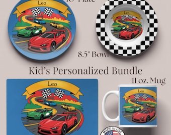 Plato y juego de comida infantil personalizados: plato de coche de carreras personalizado y tapete de actividades de regalo.