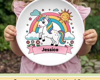Plato infantil personalizado para la hora de la comida con tapete de actividades de unicornio: un juego de comedor duradero, regalo para niños y niñas.