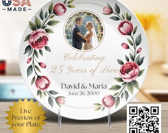 Plato de boda personalizado con nombre y foto: bandeja de cerámica con diseño floral rosa para servir como recuerdo de aniversario. Regalo de boda único.