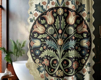 Cortina de ducha floral estilo Castlecore, maximalista, vintage, botánica, bohemia, barroca, decoración de baño, tela de poliéster y lino, borde festoneado.