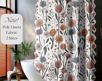 Cortina de ducha botánica de tela de lino floral, decoración de baño estilo boho, estilo retro cottagecore, cortina de ducha larga para el hogar