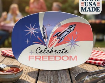 Bandeja retro patriótica para servir, diseño atómico de explosión estelar, estilo americano de mediados de siglo, roja, blanca y azul, ideal para barbacoa, regalo para anfitriona y decoración de mesa de verano.