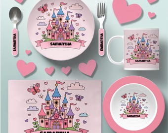 Plato personalizado para niños, plato de cena, juego de comida para niños pequeños, regalo de princesa, tapete de actividades, juego de comedor para niñas