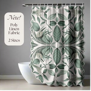 Green Botanical Shower Curtain Poly Linen Fabric, Boho Leaf Print, Sage Green Bathroom Decor, Modern Spa Style Curtain Long Shower Curtain