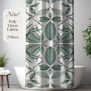 Shower Curtain Green Botanical Poly Linen Fabric, Boho Leaf Print Sage, Modern Spa Bathroom Decor Long Curtain