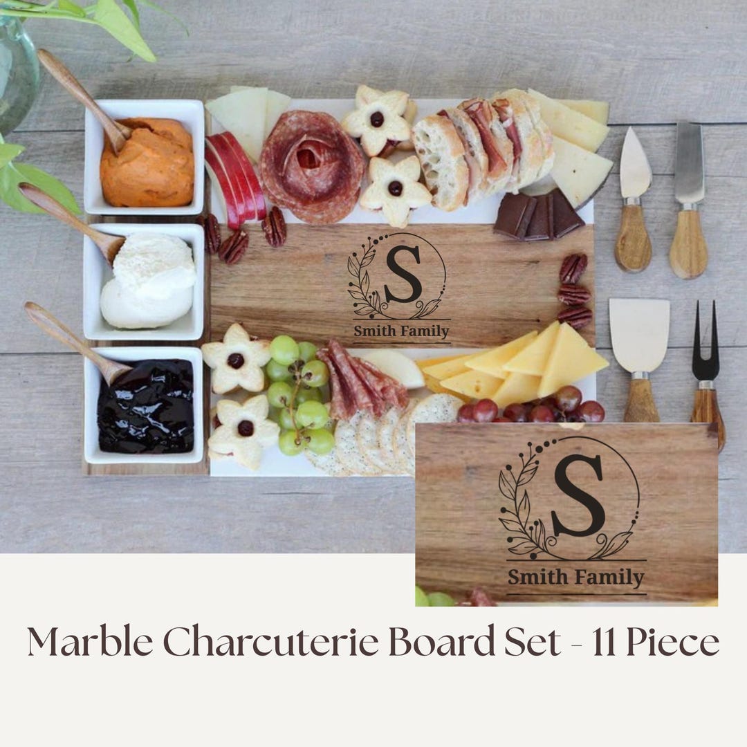 Personalized Charcuterie Board 11 Piece Acacia Wood & Marble Serving ...