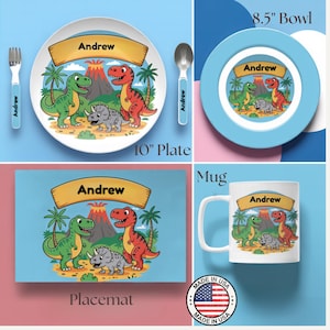 Custom Kids Plate Personalized Toddler Mealtime Set with Dinosaur Design, Activity Mat & Dining Plate Gift for Children