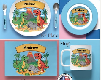 Plato infantil personalizado para la hora de la comida, con diseño de dinosaurio, tapete de actividades y plato de regalo para niños.