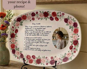 Plato personalizado con receta escrita a mano, ideal como recuerdo, con foto personalizada. Bandeja para servir. Regalo familiar. Diseño floral. Plato irrompible para mamá.