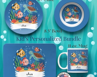 Juego de platos personalizados para niños pequeños, nombre personalizado, temática de peces del océano, artículos para el hogar irrompibles, plato, tazón, taza, actividad para colorear, mantel individual, regalo para niños