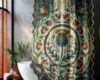 Cortina de ducha de lino con estampado floral vintage, decoración botánica para el baño, estilo medieval, tela ecológica, cortina de ducha larga de tela, maximalista
