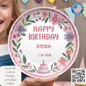 Custom Girl Birthday Plate – Personalized 1st Birthday Gift with Name Pink Floral Keepsake Dish – Baby Shower or Adoption Celebration Plate