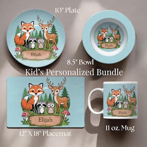 Personalized Kids Plate & Mealtime Set for Toddlers – Custom Forest Animal Dining Plate and Activity Mat Gift