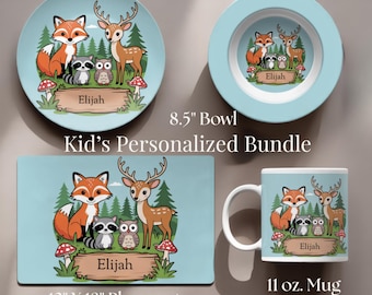 Plato y juego de comida infantil personalizados: plato de animales del bosque y tapete de actividades de regalo.