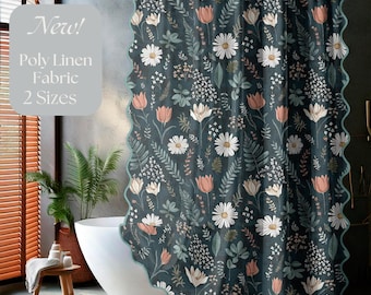 Cortina de ducha botánica floral art déco cottagecore larga de tela de poliéster y lino, cortina bohemia vintage para baño, decoración floral botánica