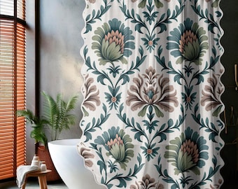 Cortina de ducha larga de poliéster y lino, diseño vintage de damasco floral con borde festoneado, panel de tela para baño, decoración bohemia y moderna para el hogar.