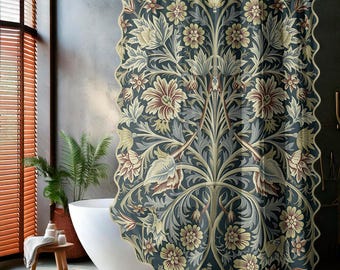 Cortina de ducha de lino con motivos botánicos vintage, decoración de baño maximalista estilo Fairycore, cortina de tapiz larga de poliéster y lino, texto romántico estilo Cottagecore para el baño