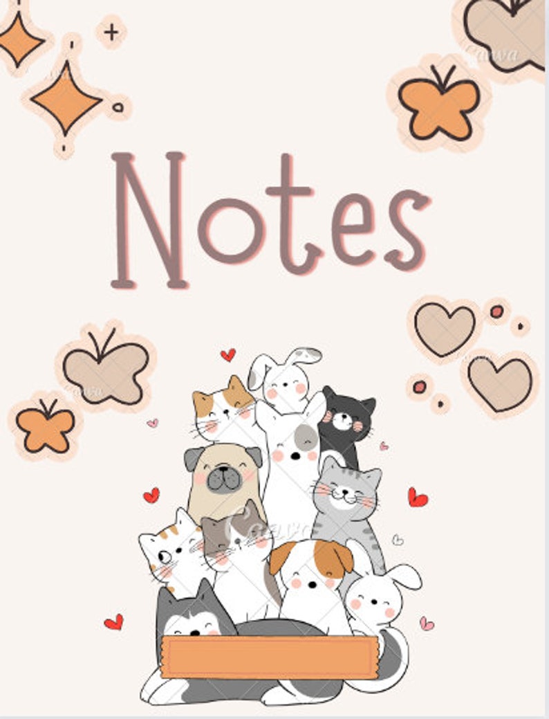 Op de afbeelding: Een notitieboekcover met het woord "Notes" in een zachtroze lettertype. De cover toont een verzameling cartoonhonden en -katten, met hartjes en decoratieve vormen.