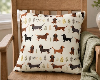 Dachshund Botanical Pillowcase, Dog Pillow Cover, Neutral Colors Sausage Dog Cushion Cover, Doxie Lover Gifts, Gift for Doxie Mom, 4 Sizes