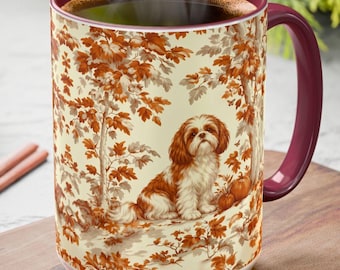 Fall Toile Shih Tzu Mug, Autumn Leaves Toile de Jouy Coffee Cup for Dog Lovers, Shih Tzu Tea Drinkware