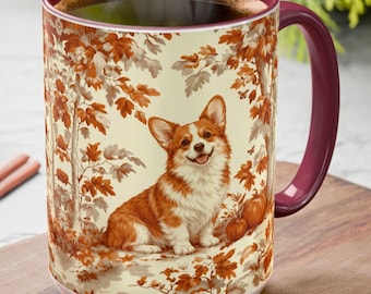 Fall Toile Corgi Mug, Autumn Leaves Toile Coffee Cup for Pembroke Welsh Corgi Lovers, Dog Toile de Jouy Pumpkin Drinkware