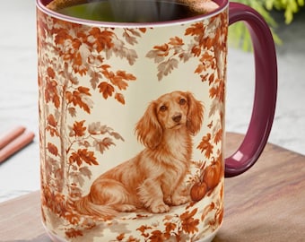 Longhaired Dachshund Fall Toile Mug, Autumn Leaves Toile Coffee Cup for Doxie Lovers, Sausage Dog Pumpkin Drinkware