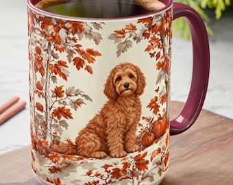 Fall Toile Goldendoodle Mug, Autumn Leaves Toile Coffee Cup for Doodle Lovers, Dog Toile de Jouy Drinkware