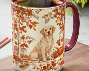 Yellow Labrador Fall Toile Mug, Autumn Leaves Toile Coffee Cup for Lab Lovers, Dog Pumpkin Drinkware