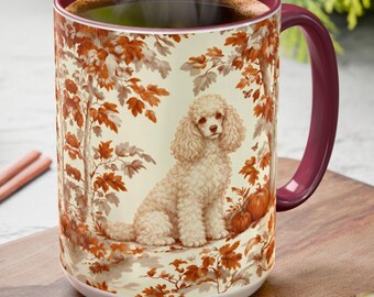 Poodle Fall Toile Mug, Autumn Leaves Toile Coffee Cup for Poodle Lovers, Poodle Tea Drinkware