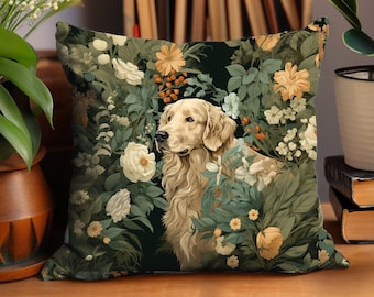 May include: Decorative square pillow featuring a golden retriever amidst a floral garden design. The pillow showcases a detailed illustration with cream, yellow, and green hues, creating a nature-inspired aesthetic. The pillow is placed on a wooden surface.