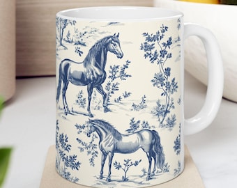 Horse Vintage Toile de Jouy Mug - Horse Lovers French Toile Coffee Cup Gift for Equestrians, Farmhouse Kitchen Drinkware Gift for Horse Mom