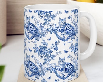 Bengal Katze Toile Becher - Blaue Französische Toile Kaffeetasse für Bengal Katzen Liebhaber, Toile de Jouy Geschenk für Katzenlady Teetasse Vintage Katze Toile Decor
