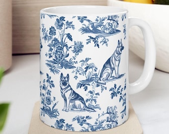German Shepherd French Toile de Jouy Mug - Elegant Blue Toile Coffee Cup for German Shepherd Mom, Dog Lover Gifts, Ceramic Dog Tea Drinkware