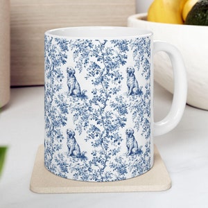 Golden Retriever French Toile de Jouy Mug - Elegant Blue Toile Coffee Cup for Golden Mom, Golden Retriever Lover Gifts, Dog Lover Coffee Mug