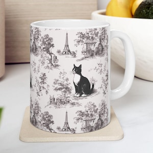 Tasse en toile française Tuxedo Cat - Tasse à café en toile de Jouy noire pour les amoureux des chats smoking, cadeaux pour amoureux des chats Chinoiseries Thé en céramique pour chat Verres