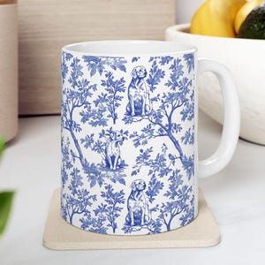 Labrador Blue French Toile Mug - Yellow Lab Toile de Jouy Coffee Mug for Labrador Retriever Lovers, Elegant Tea Cup Drinkware Dog Toile Mug