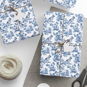 Papel de embrulho azul pastor alemão Toile, embrulho de presente premium para mãe pastor alemão, presente Toile de Jouy para amante de cães, brilhante ou fosco