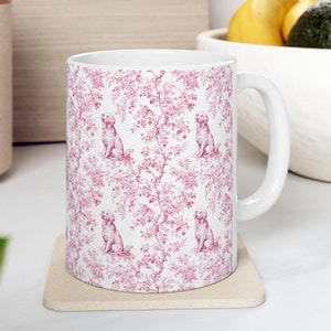 Pink Toile Golden Retriever Mug - Elegant Pink Toile Coffee Cup for Golden Mom, Golden Retriever Lover Gift, Coquette Mothers Day Coffee Mug