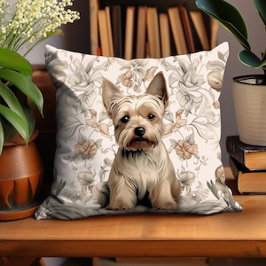 Yorkshire Terrier Floral Pillow - William Morris Inspired, Muted Neutrals Cushion INCLUDES INSERT, Yorkie Lover Gift, Floral Farmhouse Decor