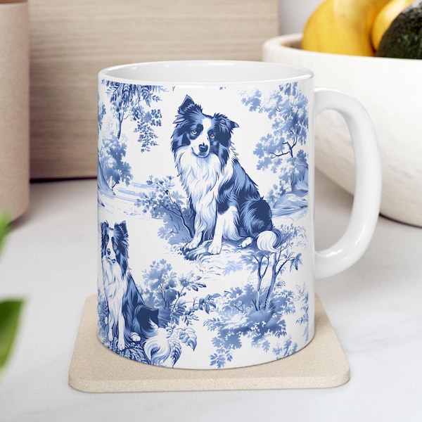 Border Collie French Toile de Jouy Mug - Elegant Border Collie Lovers Blue Toile Coffee Cup for Dog Mom, Chinoiserie Pattern Tea Cup Gifts