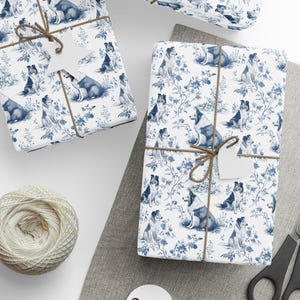 Carta da regalo Toile de Jouy francese con motivo a Rough Collie - Carta da regalo "Compleanno Mamma Cane" in Toile de Jouy blu per gli amanti del Collie, lucida o opaca