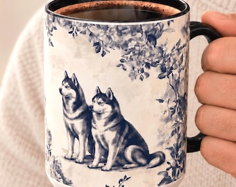 Husky Vintage Toile Mug, Antique Style French Toile Mug for Husky Dad, Alaskan Malamute Lovers Fathers Day Gifts, Dog Mom Christmas Idea