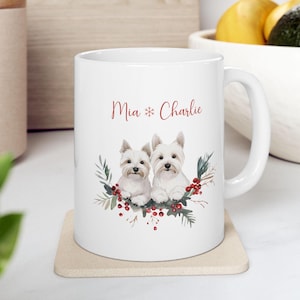 Custom Westies Christmas Mug - Personalized West Highland Terrier Coffee Mug, Watercolor Xmas Coffee Cup Gifts, Ceramic Dog Tea Cup, 2 Sizes
